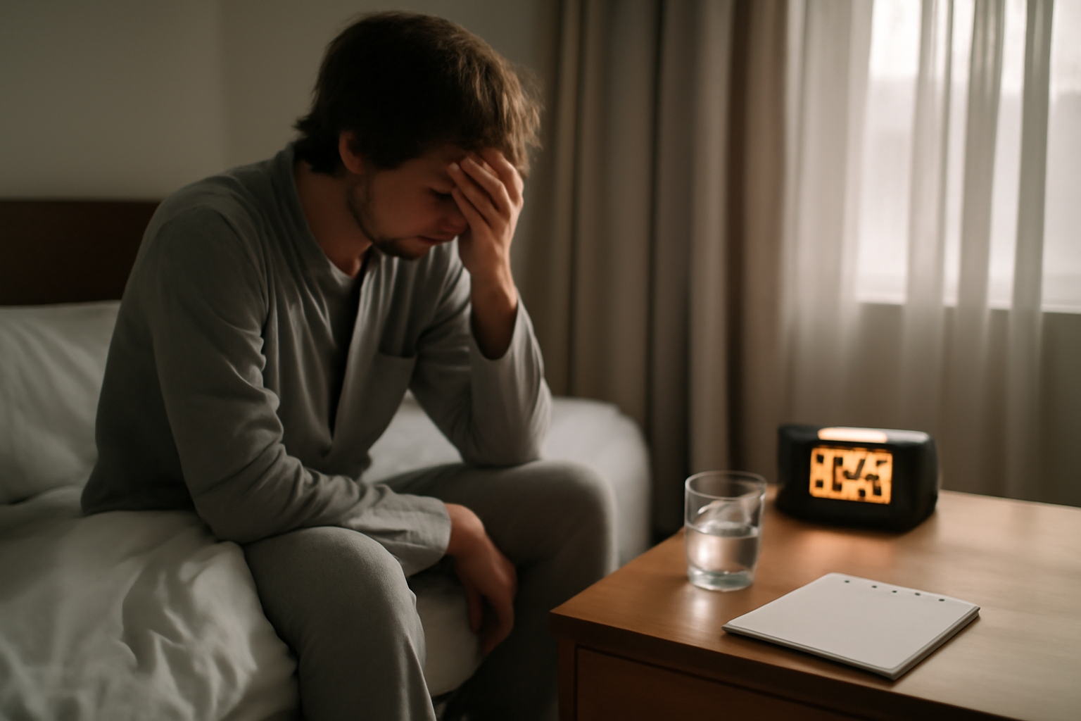 Waking up with a headache every morning: bedside scene with a person holding their head, alarm clock, glass of water, and a journal