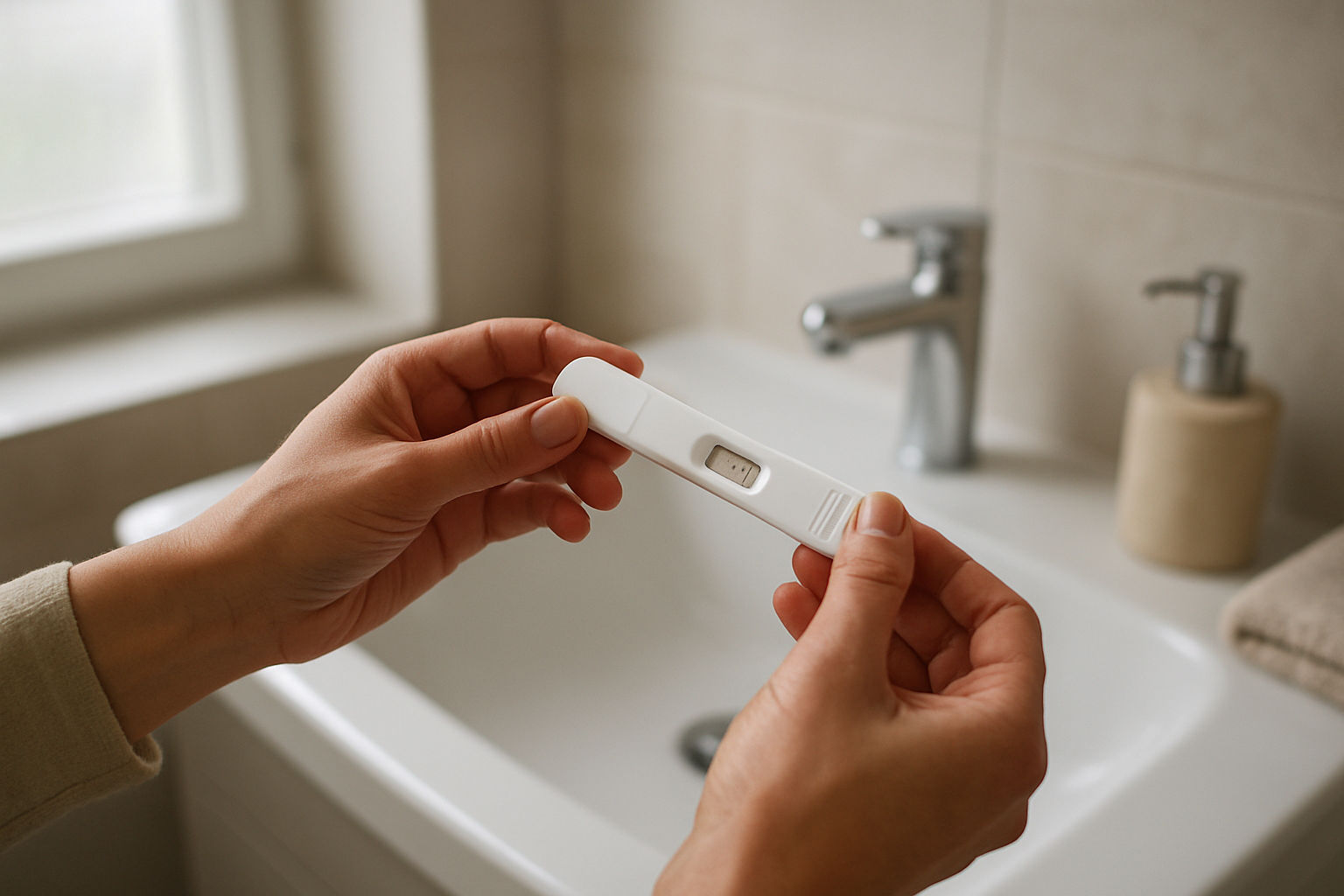 A realistic photo of a person holding a home pregnancy test in a bathroom with natural morning light