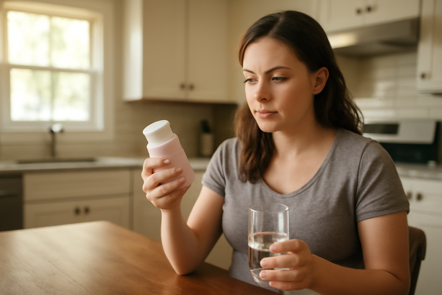 Woman holding a prenatal vitamin bottle and a glass of water in a bright kitchen, natural daylight, realistic photo
