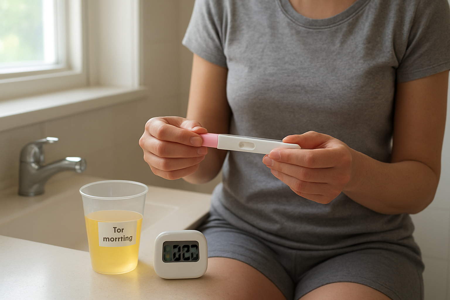 Person reading a home pregnancy test in a bathroom with a timer and first-morning urine sample