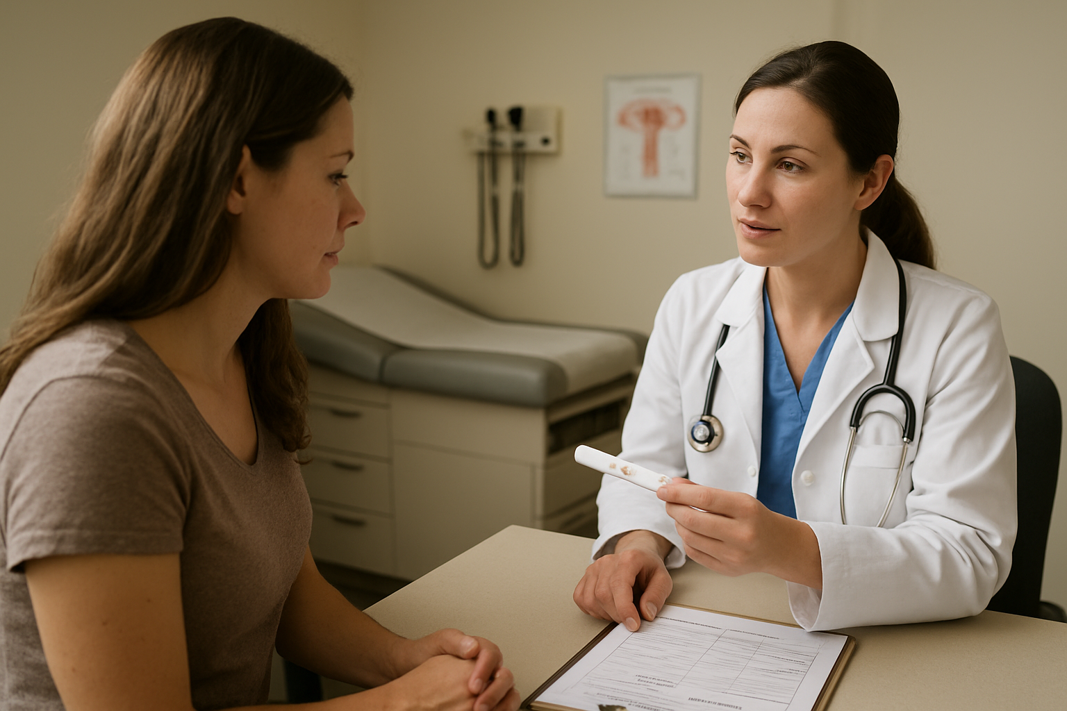 Clinic setting where a clinician explains pregnancy testing options and blood hCG confirmation