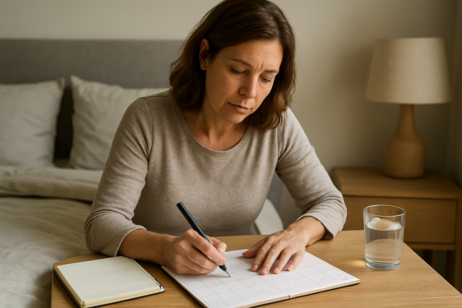 Woman in a quiet bedroom using a calendar and notes to track symptoms of first signs of perimenopause