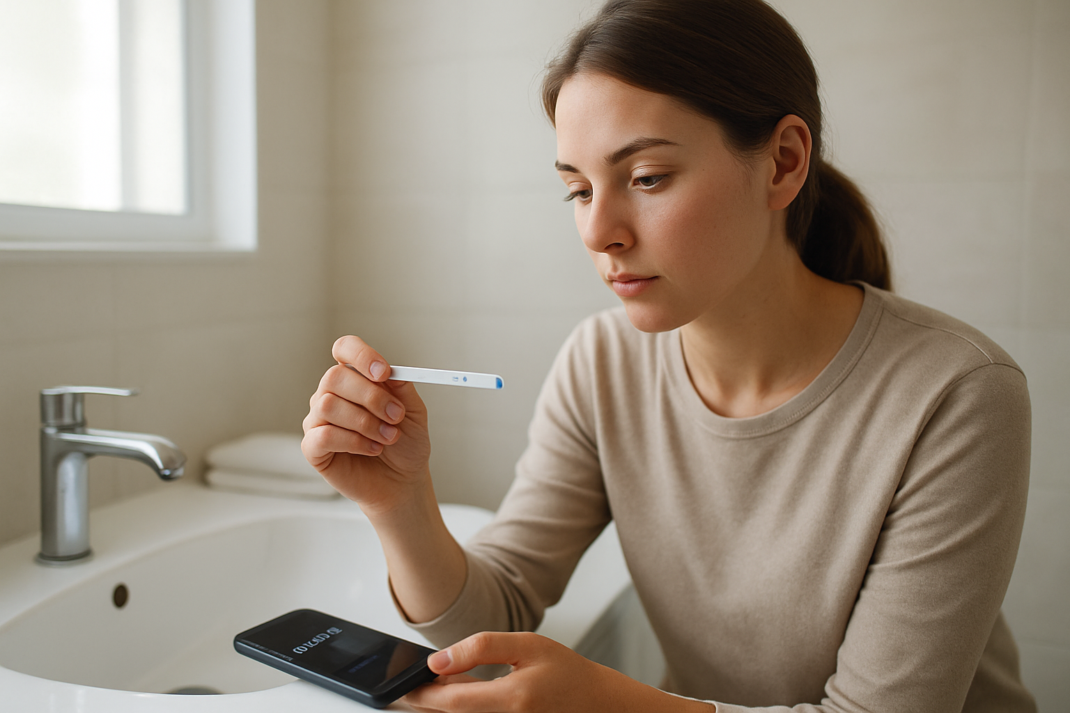 Woman holding an ovulation test kit and a smartphone timer in a bright bathroom, realistic photo