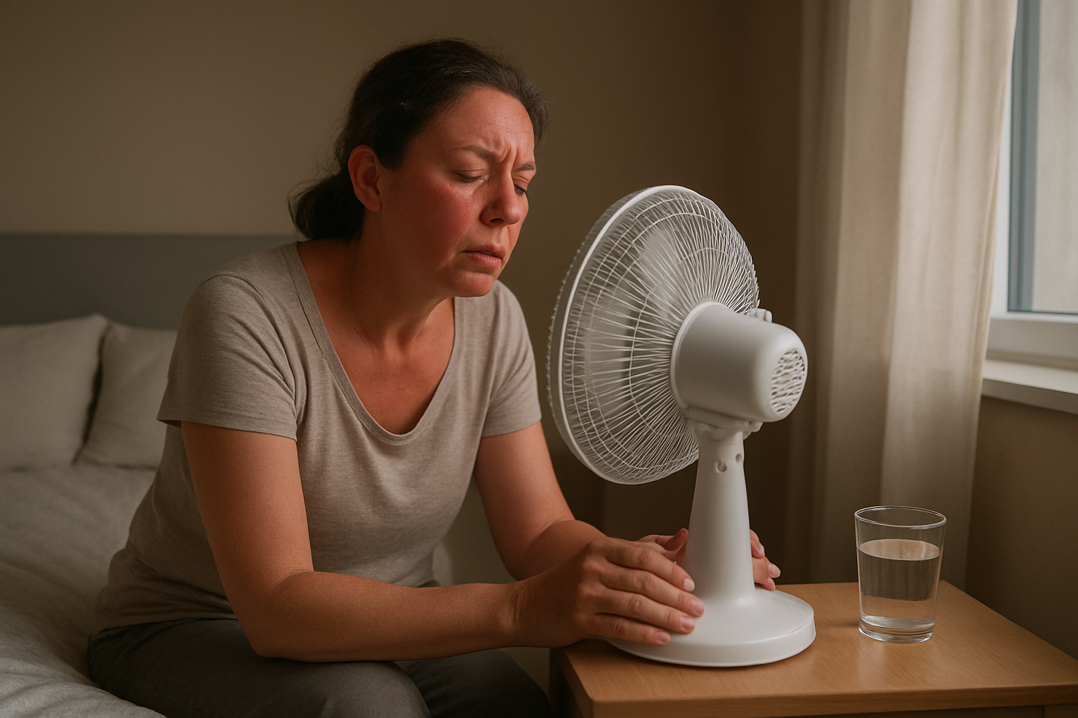 Woman in her late 40s feeling flushed while adjusting a fan near a bedroom window at dusk