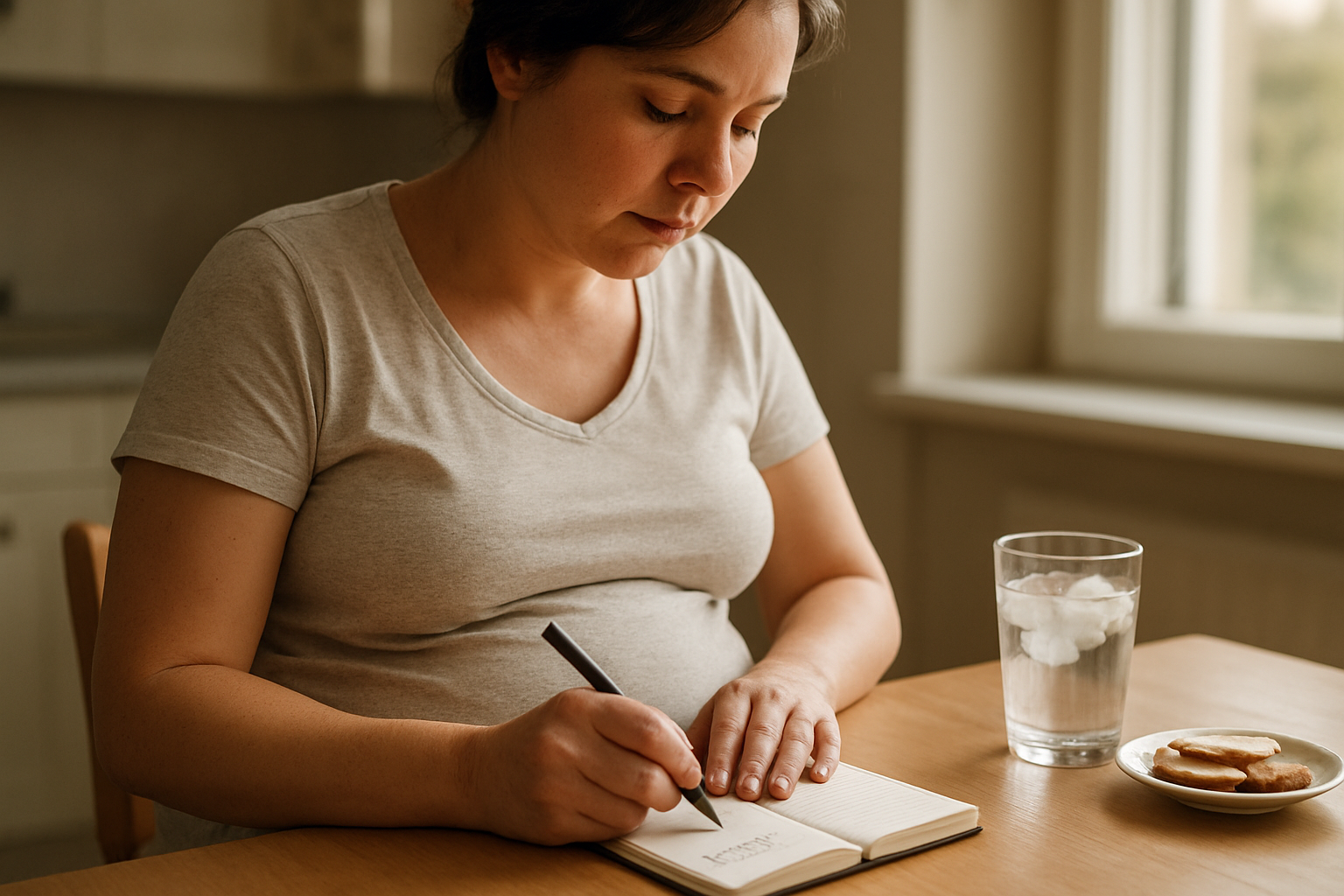 Pregnant person writing symptoms in a notebook at a kitchen table with water and crackers nearby, natural morning light