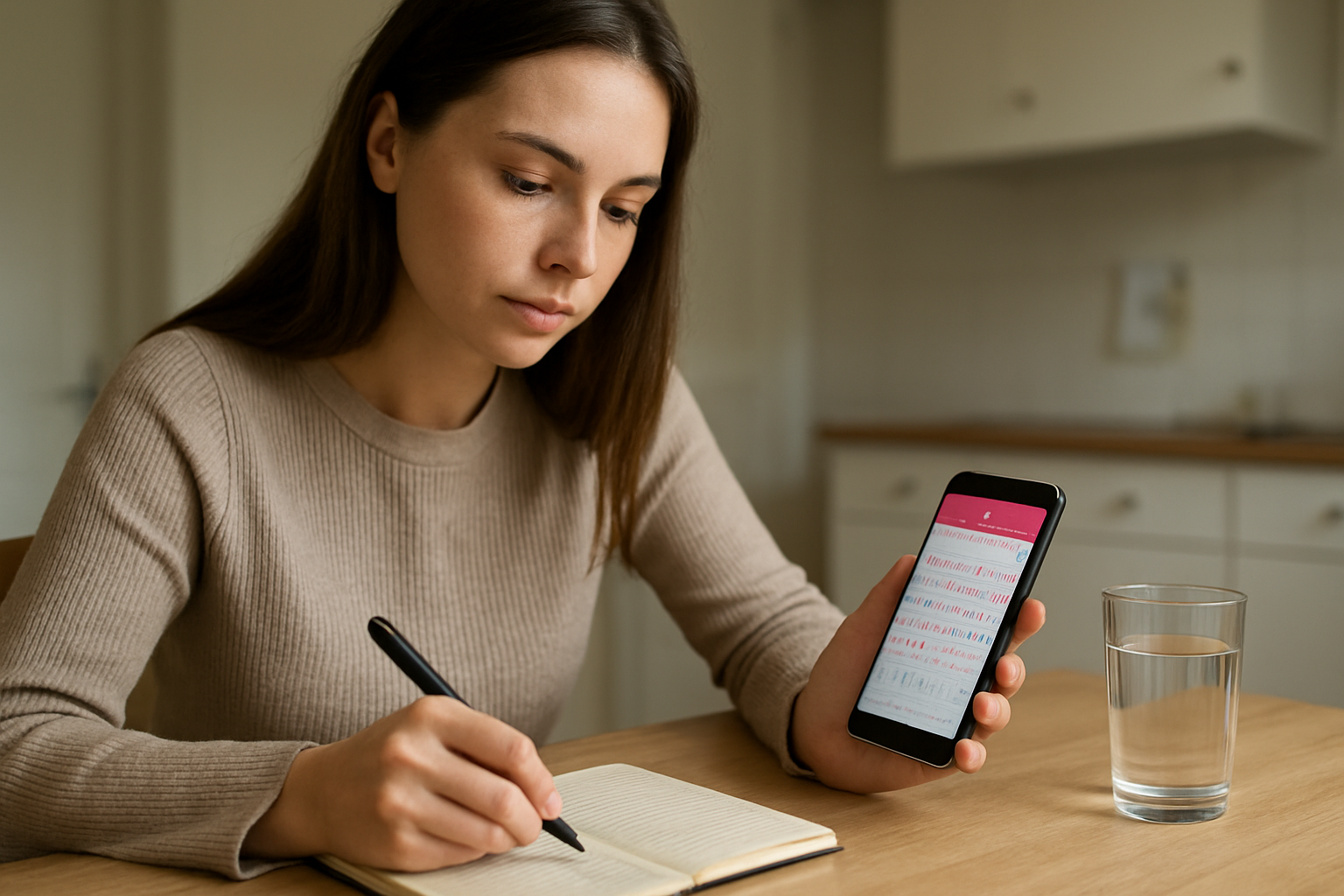 Realistic photo of a person tracking menstrual dates on a phone calendar with a small notebook beside it