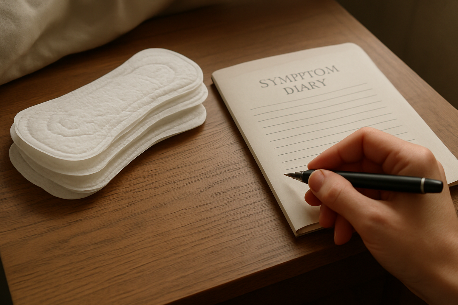 Close-up photo of menstrual pads next to a symptom diary with a pen, showing a realistic home setting