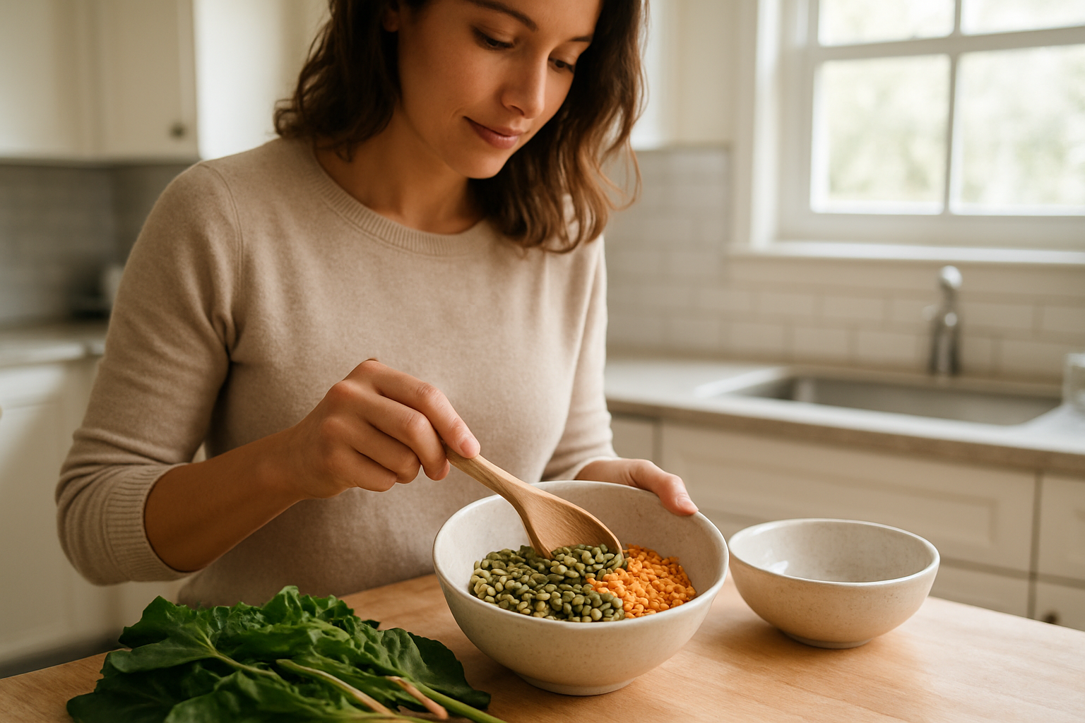 A woman at a kitchen counter measures pumpkin seeds and beans, preparing a magnesium-rich meal with leafy greens, natural daylight, realistic photo