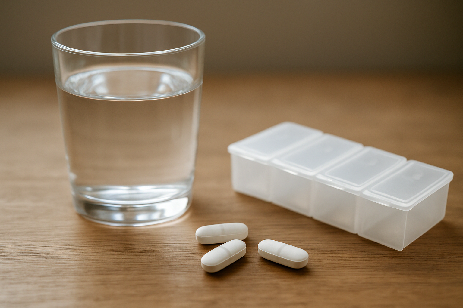 Close-up of a glass of water with a magnesium supplement capsule and a label on a kitchen table, realistic lighting, no brand